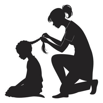Silhouette of mother braiding child's hair, black silhouette icon, family bonding, hair styling, vector illustration
