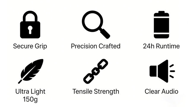 The lock, feather, and chain icons represent the characteristics of portable devices such as anti slip precision, ultra light endurance, tensile strength, and clear sound quality.
