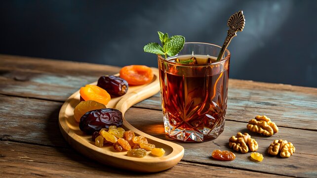 Glass of traditional tea with dried fruits and nuts on wooden background