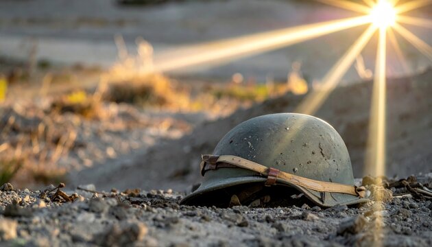 Discarded Soldier Helmet Near Shell Crater in Sunlight