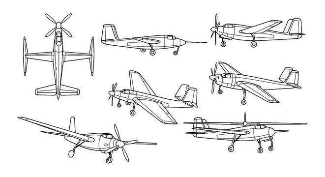 Vintage bomber aircraft silhouettes on a white background