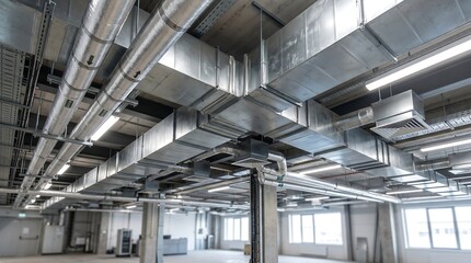 Obraz premium Industrial HVAC System with Large Rectangular Ducts and Pipes Installed on Ceiling for Ventilation and Climate Control in Modern Building Interior.