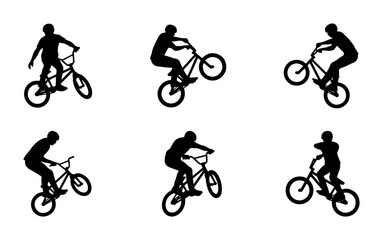 Obraz premium BMX Bicycle Rider Silhouettes, Extreme Sports Action Poses, Dynamic Cycling Performance, Vector Graphic Set