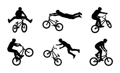Obraz premium BMX Bicycle Freestyle Tricks Silhouettes, Extreme Sports Action Vector Icons, Dynamic Cycling Stunts Collection