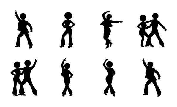 Retro Disco Dance Silhouettes, 70s Funk Grooves, Vintage Party Figures, Dynamic Movement Vector Set