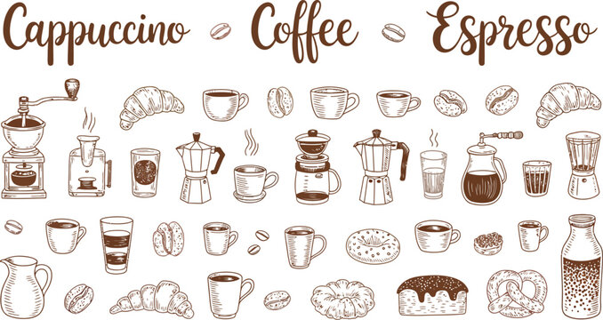 Cafe, menu doodle set with hand drawn coffee cake matcha croissant and latte art elements, cute restaurant vector illustration collection.