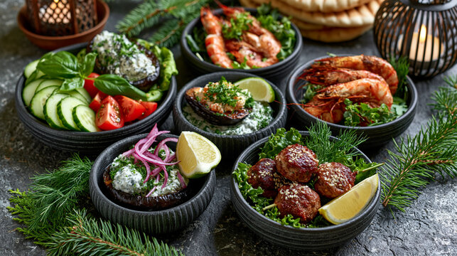 Assortment of mediterranean tapas featuring grilled shrimp meatballs and fresh salad bowls, appetizers