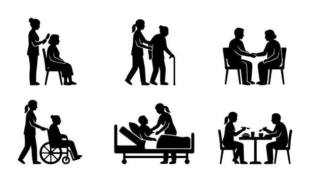 Senior Care Icons Set, Elderly Assistance Graphics, Medical Support Illustrations, Home Health Aide Silhouettes, Compassion and Help Vector Collection