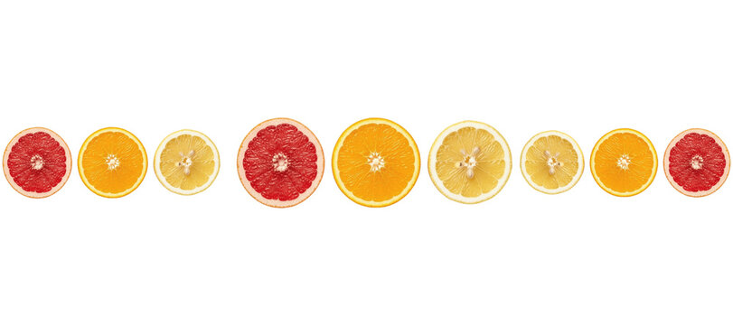 Assorted Citrus Fruit Slices in a Horizontal Line Featuring Grapefruit, Orange, Lemon and Lime, Colorful Vitamin C Background for Fresh Summer Designs

