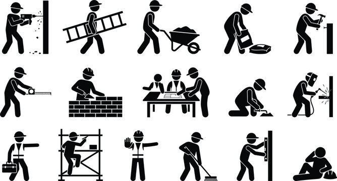 Construction worker silhouette icons set featuring drilling masonry welding cleaning and industrial building activities collection