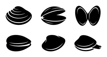 Set of Six Black Clam Shell Icons, Seafood Vector Graphics, Ocean Mollusk Silhouettes for Culinary and Marine Design © Rifat