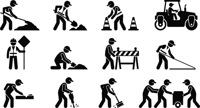 Road construction worker silhouette icons set featuring paving drilling cleaning and traffic control activities collection