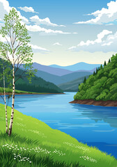 Serene River Landscape Vector Illustration of a Lush Green Forest and Rolling Mountains under a Cloudy Blue Sky, perfect for nature and travel themes © Purnomo