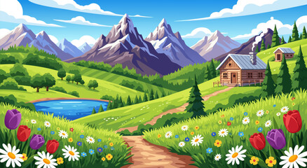 Serene Mountain Landscape Vector Illustration Featuring a Peaceful Village Scene with a Lake, Flowers, and a Cabin, Perfect for Nature and Travel Themes © Purnomo