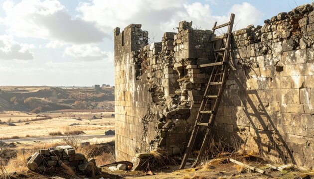 A Broken Siege Ladder Against a Crumbling Castle Wall
