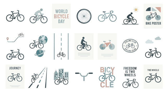 Minimal bicycle lifestyle poster collection with cyclists, bike symbols, world bicycle day graphics, eco transport and cycling route design elements
