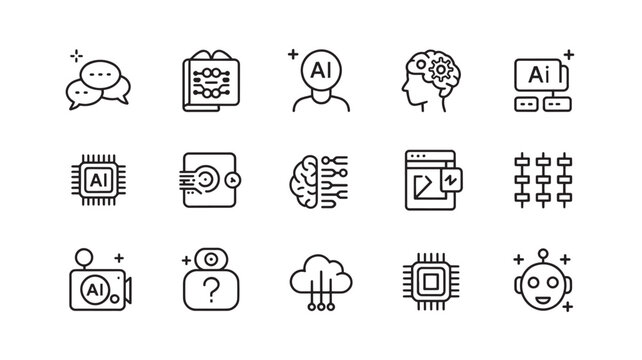 Artificial intelligence interface icon set with AI brain, chat, neural chip, robot, cloud, clipboard, search and machine learning outline symbols
