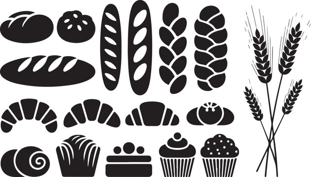 Black and white bakery food icons set