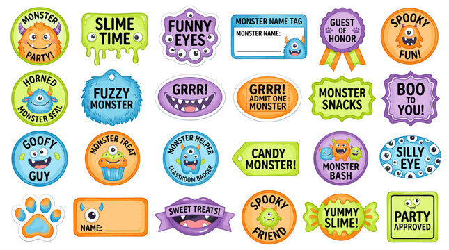 Colorful Halloween monster badge collection with slime labels, funny creatures, candy signs, party stickers and spooky cute design elements