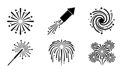 Vector Fireworks Icons Set, Celebration Pyrotechnics Graphics, Festive Explosions and Sparklers, Black and White Graphic Resources for Party and Event Design © Jannatul