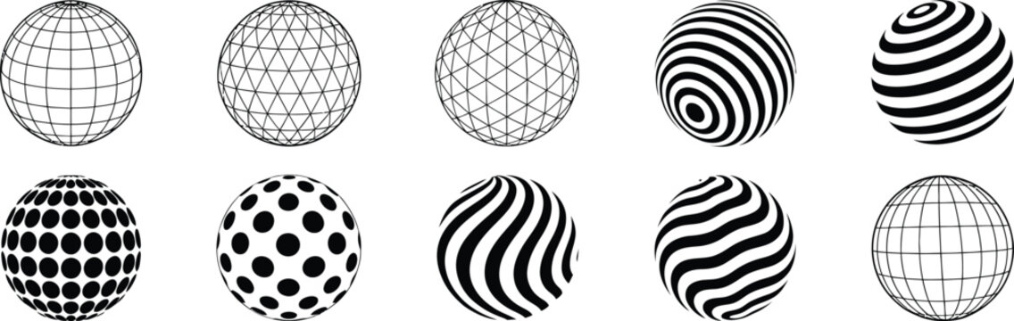 Geometric, abstract shape set inspired by brutalism with trendy 3D wireframe models, psychedelic techno flat vector illustration collection.