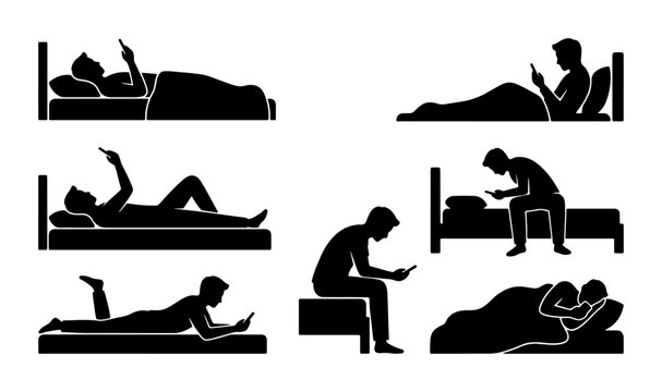 Diverse Silhouettes of People Using Smartphones in Bed and Around, Mobile Device Interaction, Digital Lifestyle Collection