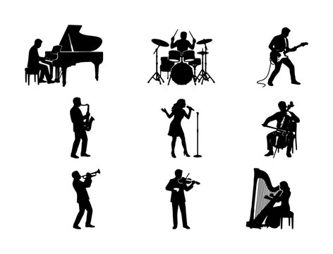 Musician Silhouettes Collection: Piano, Drums, Guitar, Saxophone, Singer, Cello, Trumpet, Violin, Harp Vector Icons for Music Events and Performance Graphics