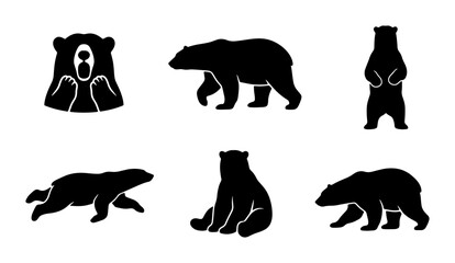 Bear Silhouettes Vector Set, Wildlife Animal Icons, Forest Mammal Graphics, Nature Creature Illustrations, Black and White Graphic Resources © Ariful