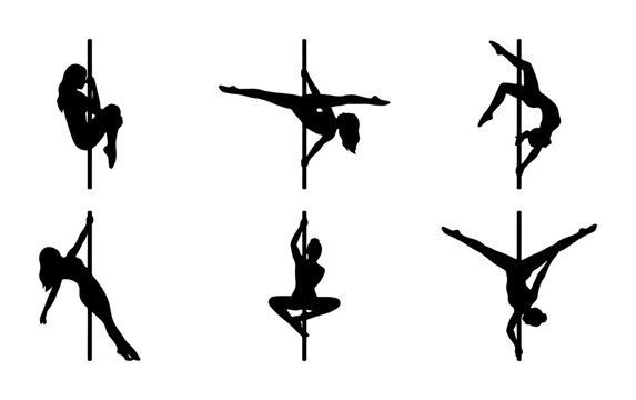 Silhouette Pole Dancers, Athletic Poses, Fitness Routine, Vector Art Set
