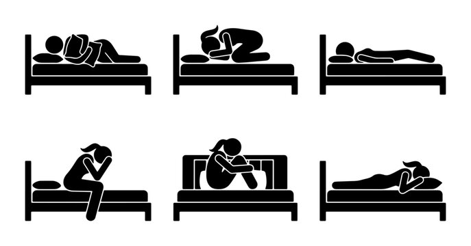 Diverse Sleep Positions & Emotional States, Stick Figure Icons Set: Rest, Insomnia, Sadness, Comfort, Vector Graphics