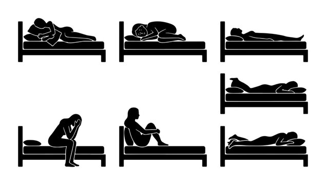 Diverse Sleeping Positions and Bedtime Moods, Vector Icons Set: Rest, Insomnia, Comfort, Sadness, Relaxation, Nighttime, Human Figures on Beds