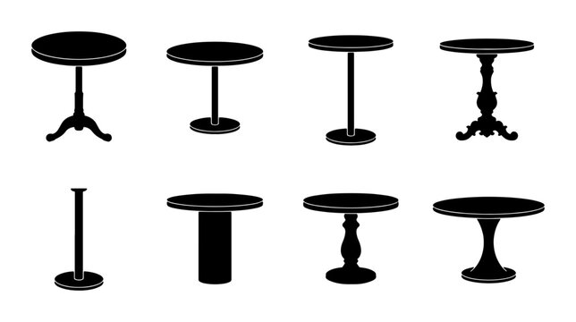 Collection of eight black silhouette bar tables, bistro tables, and cafe tables, diverse pedestal and leg designs, modern and classic furniture icons for interior design and hospitality