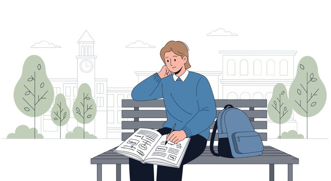 Student studying on bench outside university campus with backpack and notebook