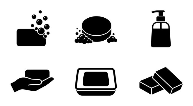 Bar Soap Icons, Liquid Soap Dispenser, Hand Washing Hygiene Symbols, Cleansing Product Vector Graphics, Bathroom Essentials Collection
