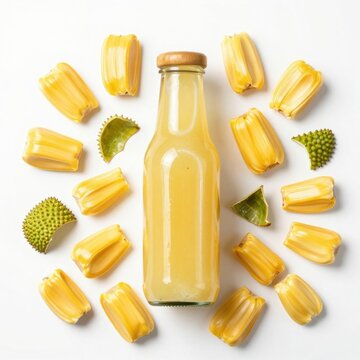 Fresh jackfruit pieces and bottle of jackfruit juice isolated on white background top view.