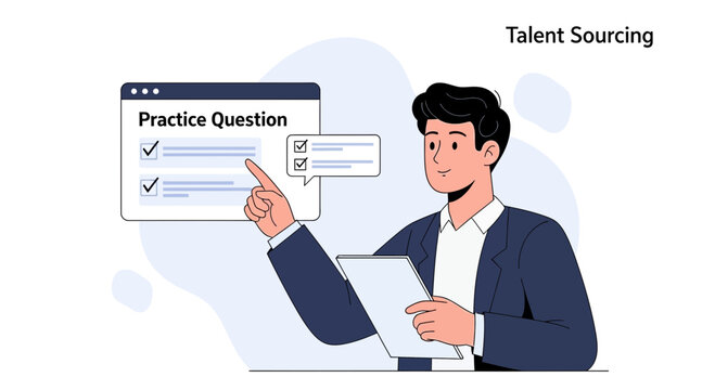 Man in suit interacts with online practice test, talent sourcing concept.