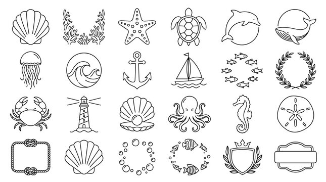 Black outline nautical and marine icon set with shells, anchor, waves, jellyfish, crab, lighthouse, sailboat and ocean themed decorative elements