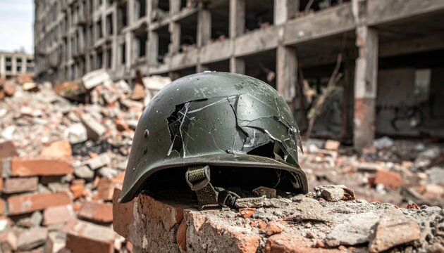 Damaged Military Helmet Lying on Bricks Amidst Ruins
