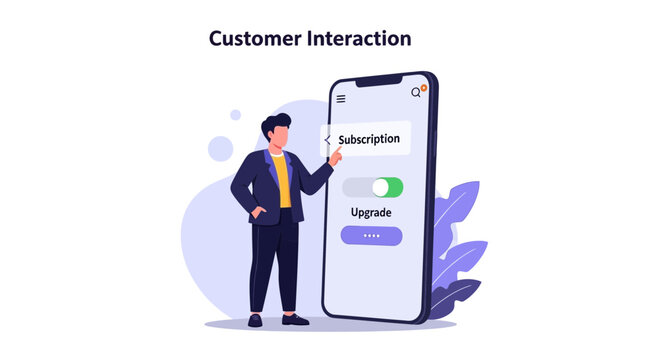 Man interacting with mobile subscription service interface, digital illustration