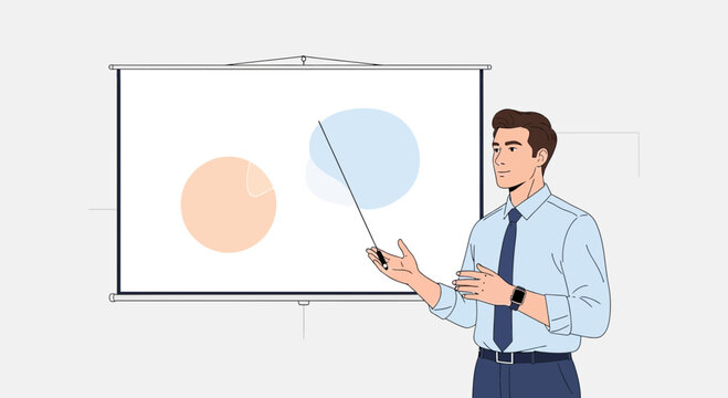 Man presenting with pointer stick in front of a projection screen with charts