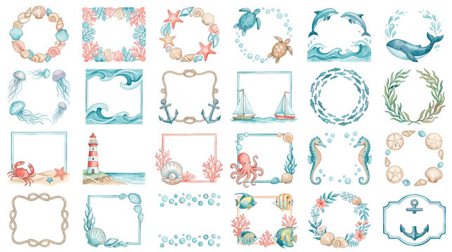 Colorful nautical and ocean frame collection with shells, waves, coral, anchors, sea borders, marine wreaths and decorative coastal design elements