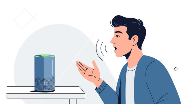 Man talking to smart speaker, voice command, artificial intelligence, technology concept