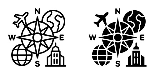 Travel Icons Set: Compass, Airplane, Globe, Landmark Building, World Map, Navigation Symbols, Vector Graphics for Tourism and Exploration © Habibur