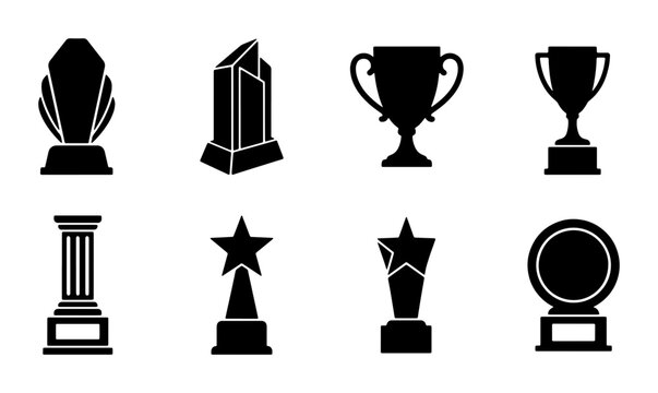 Award Trophies Vector Icons Set, Achievement Recognition Symbols, Victory Cups and Plaques, Sports and Business Competition Awards