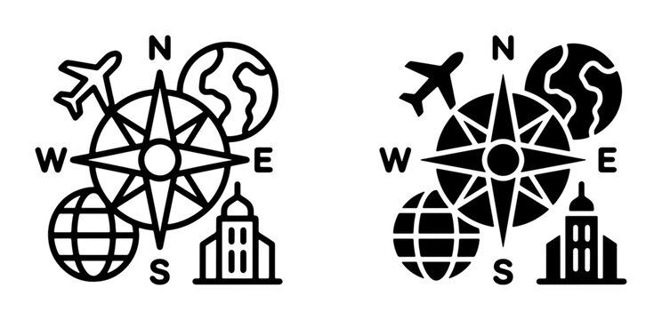 Travel Icons Set: Compass, Airplane, Globe, Landmark Building, World Map, Navigation Symbols, Vector Graphics for Tourism and Exploration