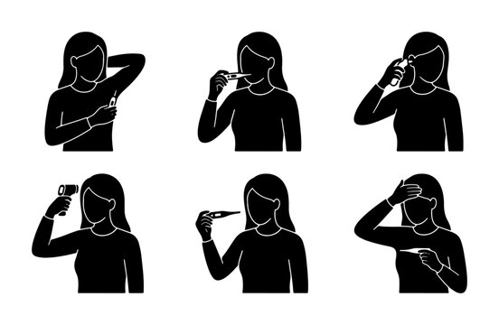 Personal Hygiene Routine Icons, Woman Applying Deodorant, Brushing Teeth, Applying Eye Drops, Using Thermometer, Health Care Vector Set