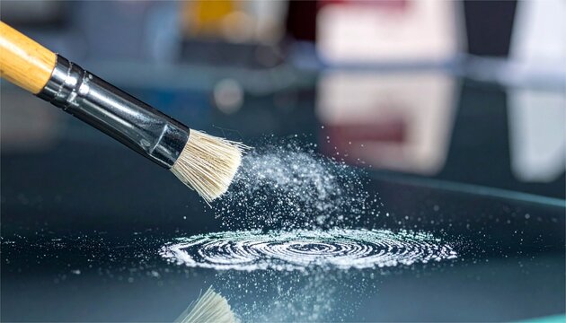 Forensic expert dusting for fingerprints on glass surface, collecting evidence at crime scene.