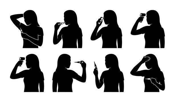 Woman Applying Makeup Silhouettes, Beauty Routine Steps, Cosmetic Application Icons, Female Personal Care Vector Set