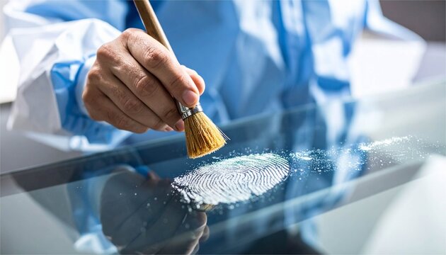 Forensic expert dusting for fingerprints on glass surface, collecting evidence at crime scene.