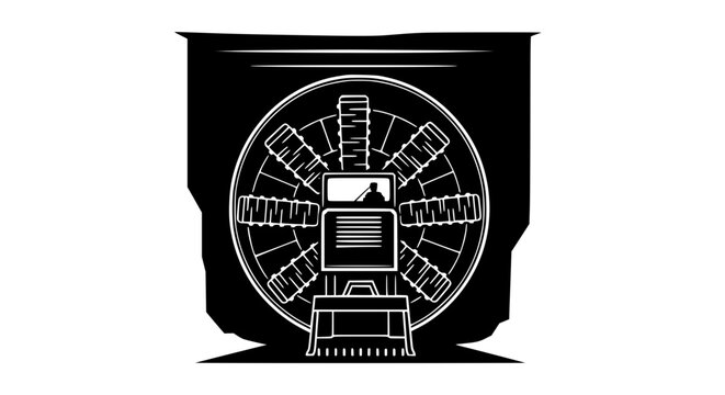 Industrial tunnel boring machine graphic illustration with operator silhouette in black and white